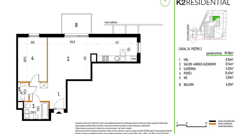 Rzut - Mieszkanie na sprzedaż 2 pokoje o powierzchni 59,98 m² - numer 24 w Kowalskiego 37