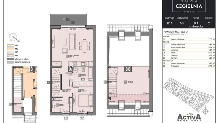 Rzut - Mieszkanie na sprzedaż 4 pokoje o powierzchni 88,67 m² - numer B11M4 w Nowa Cegielnia