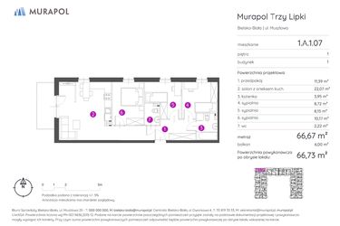 Rzut - Mieszkanie na sprzedaż 4 pokoje o powierzchni 66,73 m² - numer 1.A.1.07 w Murapol Trzy Lipki