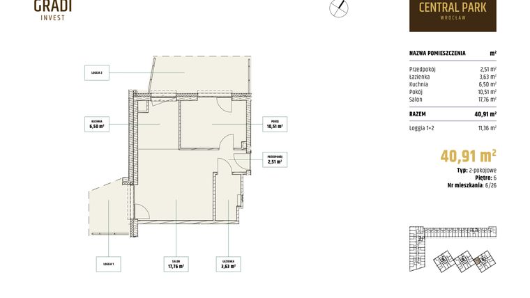 Rzut - Mieszkanie na sprzedaż 2 pokoje o powierzchni 40,91 m² - numer 6.26 w Apartamenty Central Park Wrocław