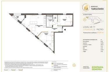 Rzut - Mieszkanie na sprzedaż 3 pokoje o powierzchni 70,11 m² - numer 77 w Markowy Targówek