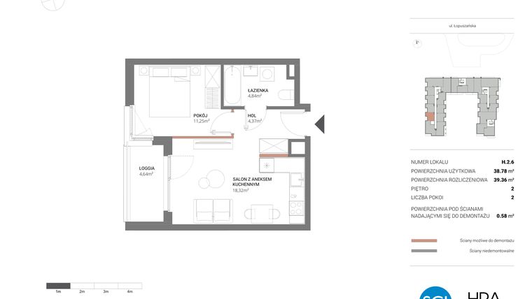 Rzut - Mieszkanie na sprzedaż 2 pokoje o powierzchni 39,36 m² - numer H.2.6 w Łopuszańska 47 - etap 3