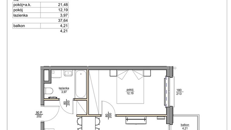 Rzut - Mieszkanie na sprzedaż 2 pokoje o powierzchni 37,64 m² - numer 57 w Rezydencja Liwska 3