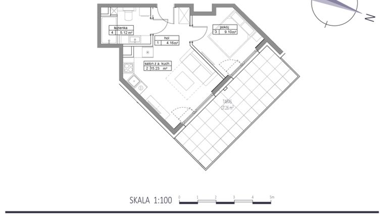 Rzut - Mieszkanie na sprzedaż 2 pokoje o powierzchni 33,61 m² - numer E8 w Apartamenty na Klifie bud. D, E i F