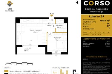 Rzut - Mieszkanie na sprzedaż 2 pokoje o powierzchni 49,87 m² - numer 2A.39 w Corso etap 2