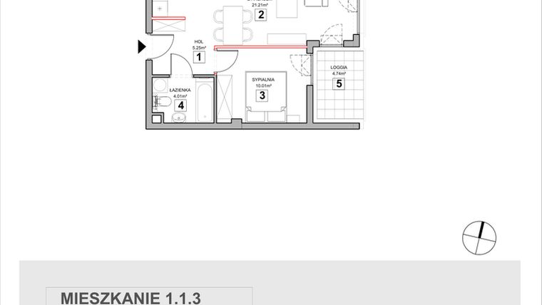 Rzut - Mieszkanie na sprzedaż 2 pokoje o powierzchni 40,97 m² - numer 1.1.3 w Zakątek Harmonia III