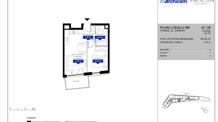 Rzut - Mieszkanie na sprzedaż 2 pokoje o powierzchni 35,02 m² - numer A1.36 w Apartamenty Esencja II