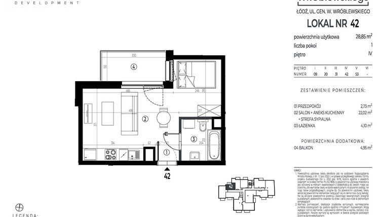 Rzut - Mieszkanie na sprzedaż 1 pokój o powierzchni 28,85 m² - numer A42 w Wróblewskiego