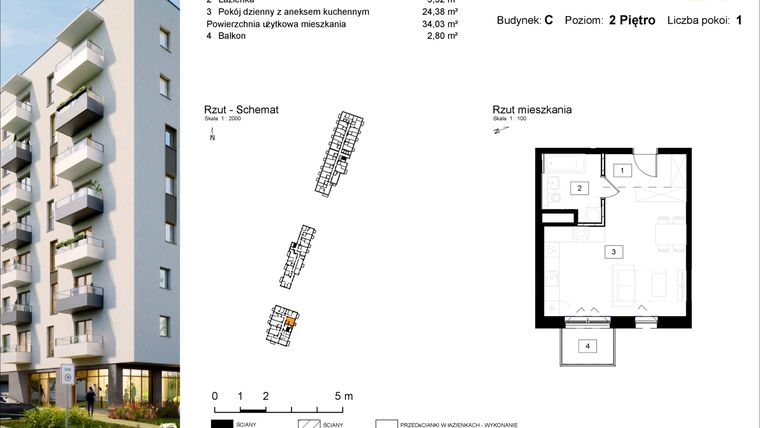 Rzut - Mieszkanie na sprzedaż 1 pokój o powierzchni 34,03 m² - numer C.24 w Osiedle Kochanowskiego - Gliwice