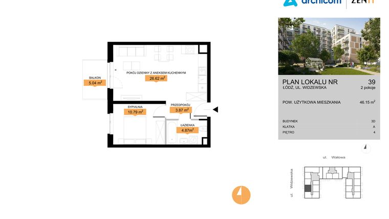 Rzut - Mieszkanie na sprzedaż 2 pokoje o powierzchni 46,15 m² - numer 3D.39 w Zenit III