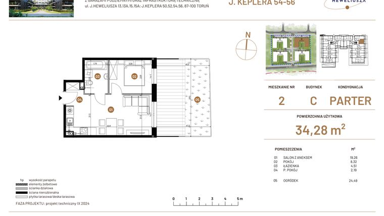 Rzut - Mieszkanie na sprzedaż 2 pokoje o powierzchni 34,28 m² - numer JAR-III-C-LM-M2 w Osiedle JAR Heweliusza etap III