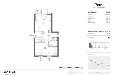 Rzut - Mieszkanie na sprzedaż 2 pokoje o powierzchni 52,64 m² - numer B1.04 w Tarasy Wierzycy