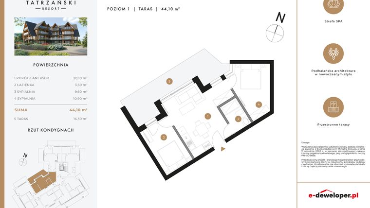 Rzut - Mieszkanie na sprzedaż 3 pokoje o powierzchni 44,44 m² - numer A16 w Tatrzański Resort