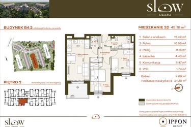 Rzut - Mieszkanie na sprzedaż 3 pokoje o powierzchni 70,46 m² - numer B4.2.32 w Osiedle SLOW
