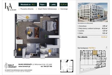 Rzut - Mieszkanie na sprzedaż 1 pokój o powierzchni 51,45 m² - numer M1.3 w La Vie Art