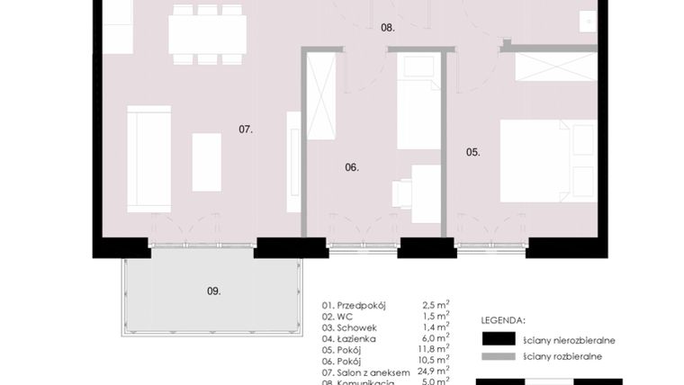 Rzut - Mieszkanie na sprzedaż 3 pokoje o powierzchni 63,54 m² - numer M1.02 w Wola Vert