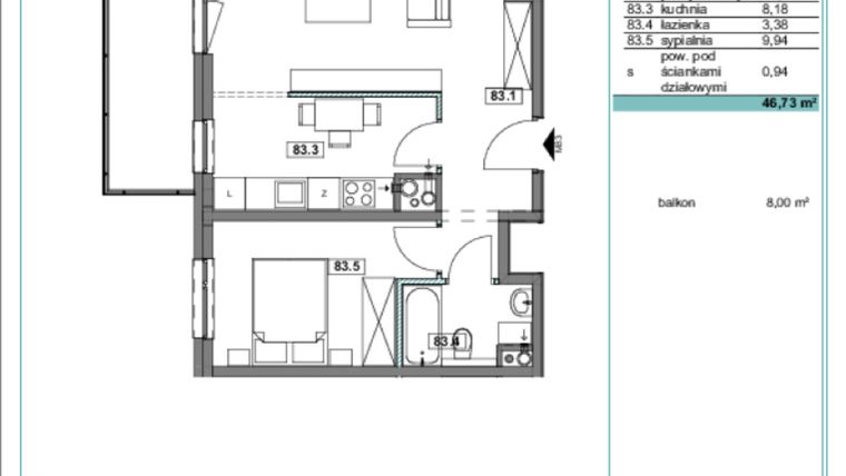 Rzut - Mieszkanie na sprzedaż 2 pokoje o powierzchni 46,57 m² - numer E.83 w Osiedle Kościuszki