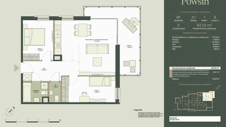 Rzut - Mieszkanie na sprzedaż 3 pokoje o powierzchni 62,13 m² - numer B1/6 w Onelife Powsin