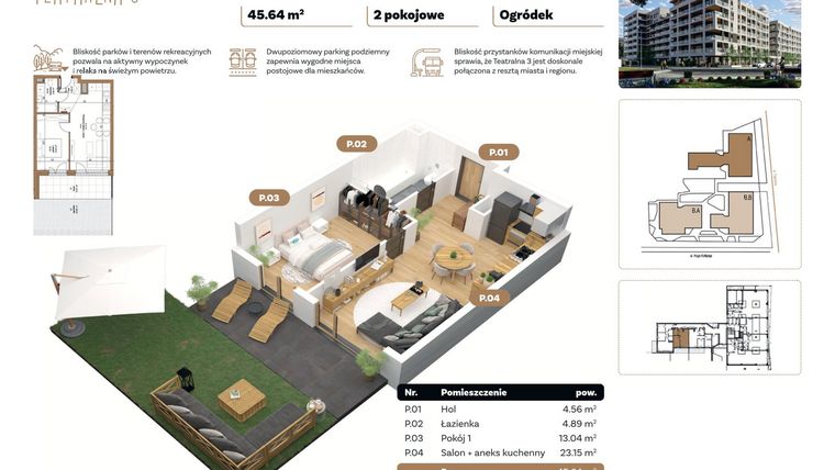 Rzut - Mieszkanie na sprzedaż 2 pokoje o powierzchni 45,64 m² - numer A 0.02 w Teatralna 3 - etap II