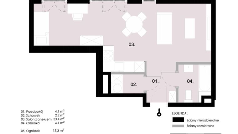 Rzut - Mieszkanie na sprzedaż 1 pokój o powierzchni 43,79 m² - numer M0.05 w Wola Vert