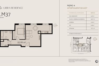 Rzut - Mieszkanie na sprzedaż 2 pokoje o powierzchni 52,99 m² - numer B2.M37 w Libra Residence