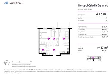 Rzut - Mieszkanie na sprzedaż 2 pokoje o powierzchni 49,57 m² - numer 4.A.2.07 w Murapol Osiedle Dynamiq