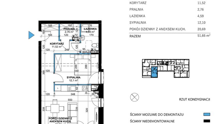 Rzut - Mieszkanie na sprzedaż 2 pokoje o powierzchni 51,66 m² - numer 21 w Comfort Corner