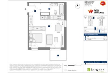Rzut - Mieszkanie na sprzedaż 1 pokój o powierzchni 34,96 m² - numer B-16 w Osiedle przy Wielickiej etap 1.2