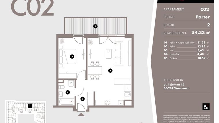 Rzut - Mieszkanie na sprzedaż 2 pokoje o powierzchni 54,33 m² - numer C02 w Livo
