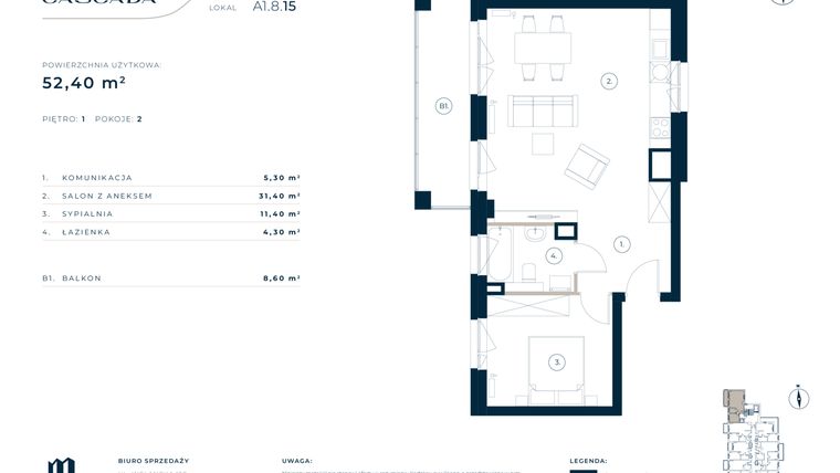 Rzut - Mieszkanie na sprzedaż 2 pokoje o powierzchni 52,4 m² - numer A1.8.15 w Cascada