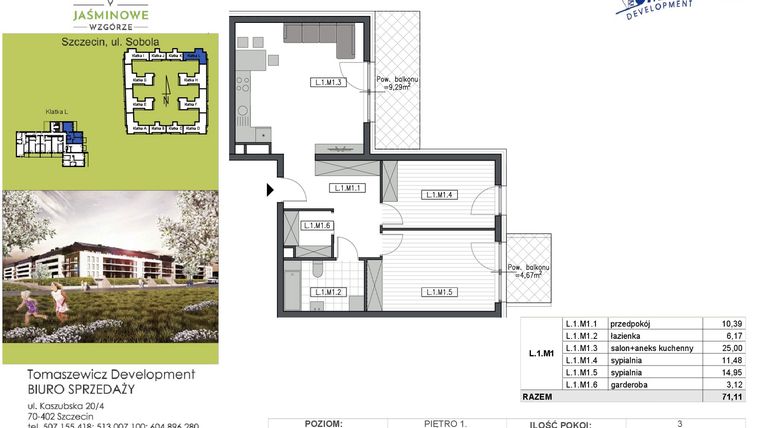 Rzut - Mieszkanie na sprzedaż 3 pokoje o powierzchni 71,11 m² - numer L1M1 w Jaśminowe Wzgórze - etap II