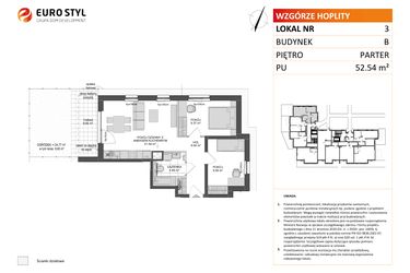Rzut - Mieszkanie na sprzedaż 3 pokoje o powierzchni 52,54 m² - numer B.3 w Wzgórze Hoplity etap II