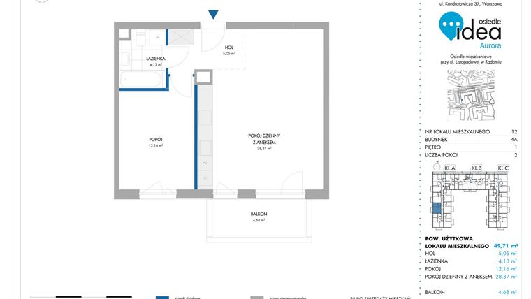 Rzut - Mieszkanie na sprzedaż 2 pokoje o powierzchni 49,81 m² - numer 4A/12 w Osiedle Idea Aurora