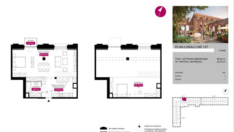Rzut - Mieszkanie na sprzedaż 1 pokój o powierzchni 85,4 m² - numer G2.127 w Fuzja Lofty