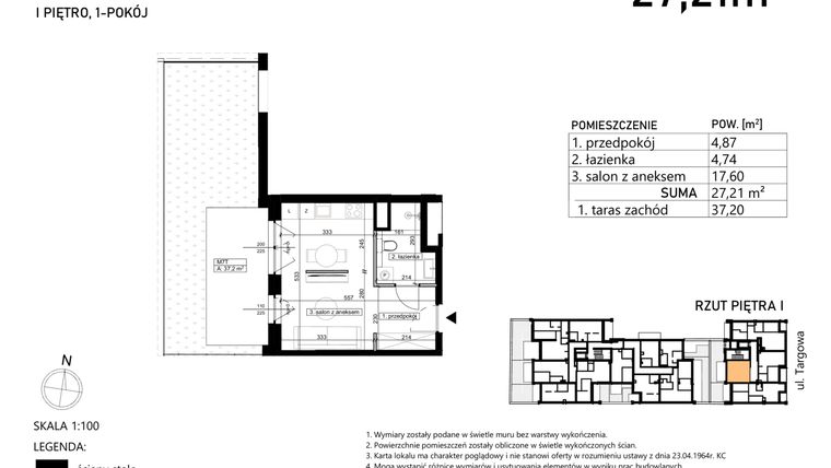 Rzut - Mieszkanie na sprzedaż 1 pokój o powierzchni 27,21 m² - numer M7 w Finezja