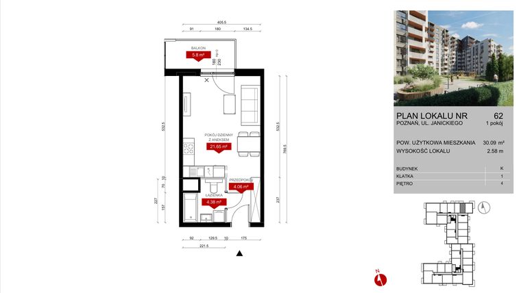 Rzut - Mieszkanie na sprzedaż 1 pokój o powierzchni 30,09 m² - numer K.62 w Wieża Jeżyce etap V