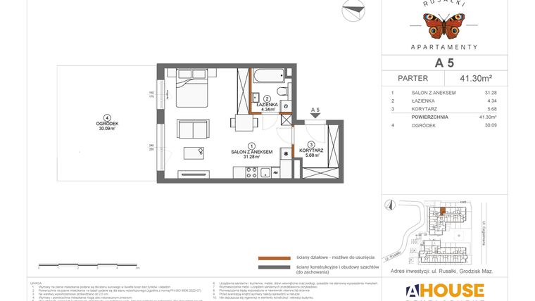 Rzut - Mieszkanie na sprzedaż 1 pokój o powierzchni 41,3 m² - numer A5 w Apartamenty Rusałki