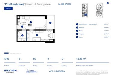 Rzut - Mieszkanie na sprzedaż 2 pokoje o powierzchni 45,86 m² - numer 33B w Przy Bursztynowej