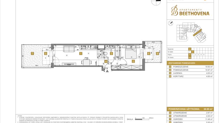 Rzut - Mieszkanie na sprzedaż 1 pokój o powierzchni 38,95 m² - numer D20 w Apartamenty Beethovena etap 2 - apartamenty inwestycyjne