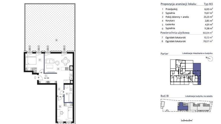 Rzut - Mieszkanie na sprzedaż 3 pokoje o powierzchni 60,04 m² - numer B1 – M0.1 w Primacasa
