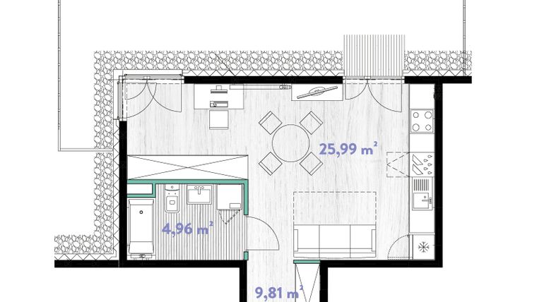 Rzut - Mieszkanie na sprzedaż 1 pokój o powierzchni 34,65 m² - numer A.00.01 w Do Wilgi