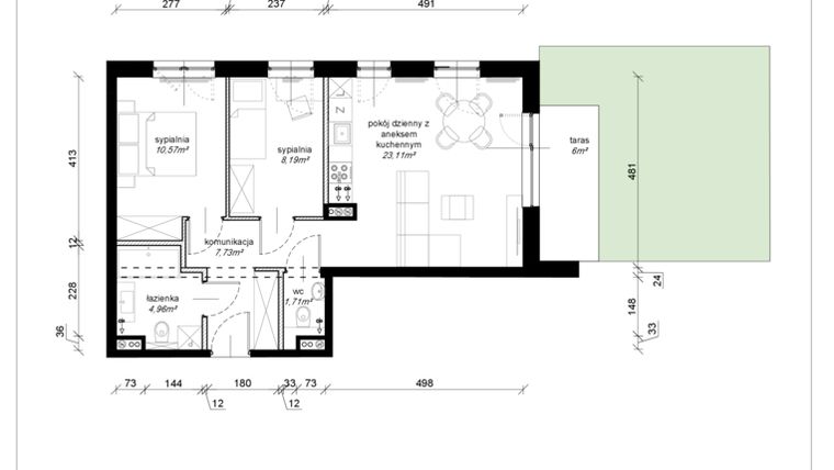 Rzut - Mieszkanie na sprzedaż 3 pokoje o powierzchni 56,22 m² - numer E.0.05.3a w Art.Teo etap 3