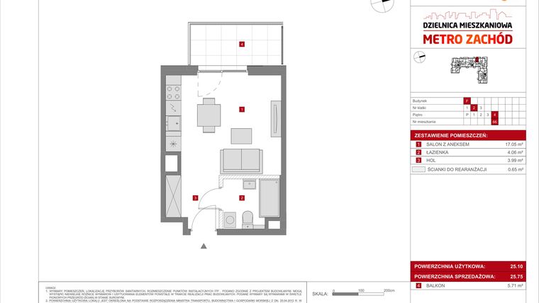 Rzut - Mieszkanie na sprzedaż 1 pokój o powierzchni 25,75 m² - numer F.66 w Dzielnica Mieszkaniowa Metro Zachód - etap 8