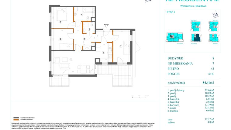 Rzut - Mieszkanie na sprzedaż 4 pokoje o powierzchni 84,54 m² - numer 8.7 w Bruzdowa 127