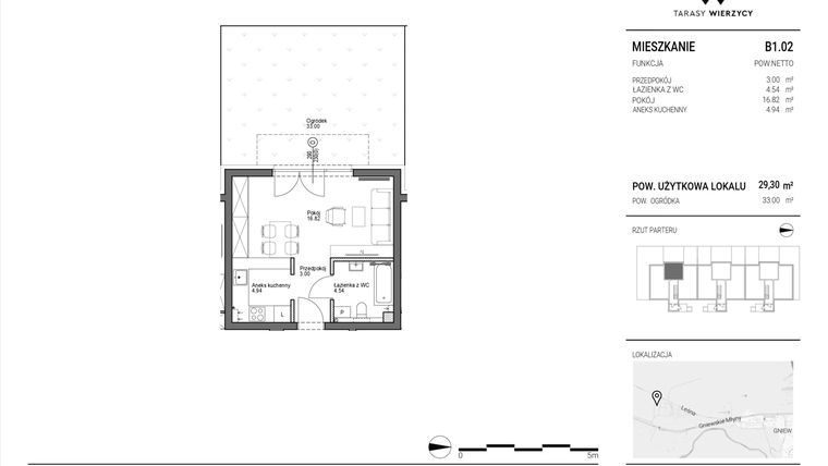 Rzut - Mieszkanie na sprzedaż 1 pokój o powierzchni 29,3 m² - numer B1.02 w Tarasy Wierzycy