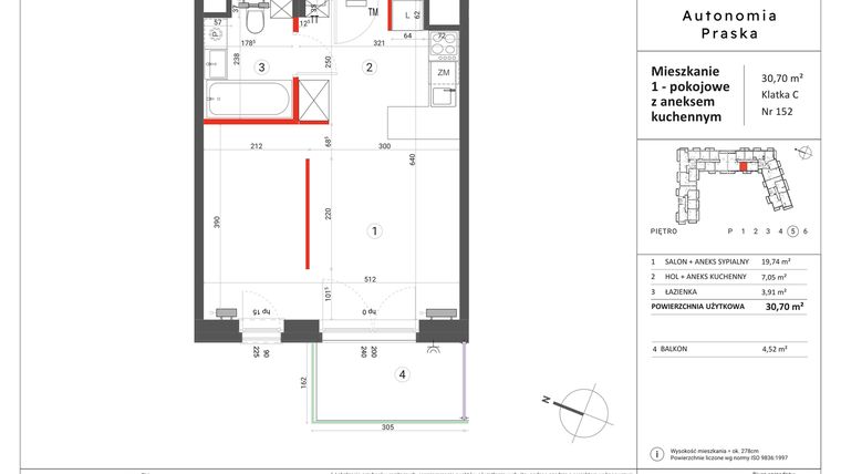 Rzut - Mieszkanie na sprzedaż 1 pokój o powierzchni 30,7 m² - numer 152 w Autonomia Praska