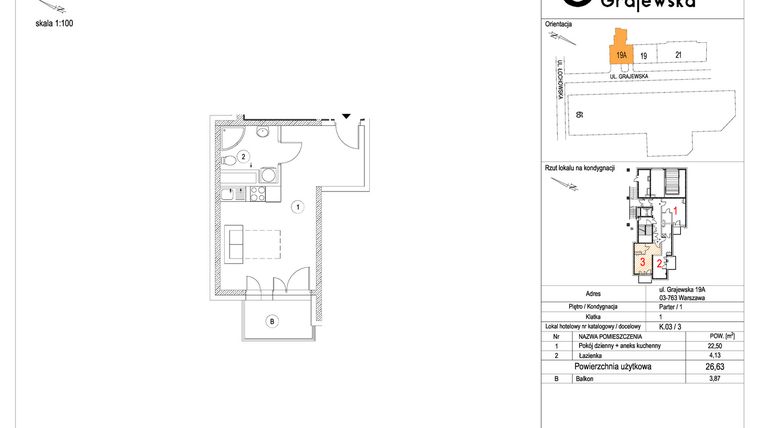 Rzut - Mieszkanie na sprzedaż 1 pokój o powierzchni 26,71 m² - numer M-3 w Apartamenty Grajewska