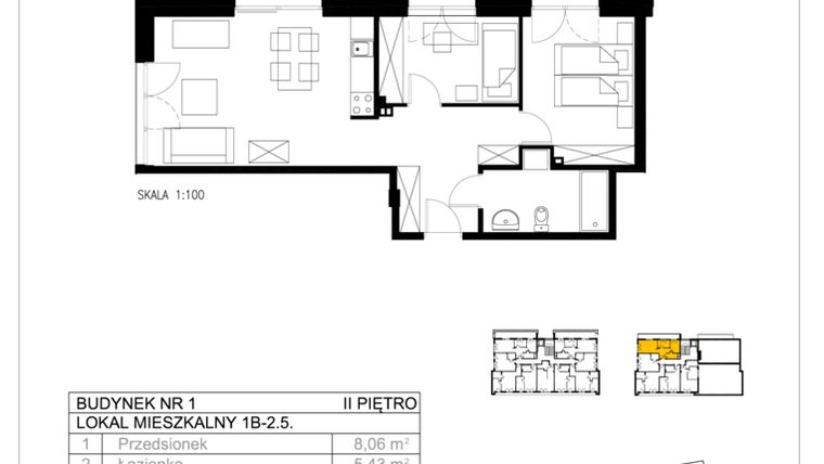 Rzut - Mieszkanie na sprzedaż 3 pokoje o powierzchni 53,41 m² - numer 1B-2.5 w Gardenia Pogodno