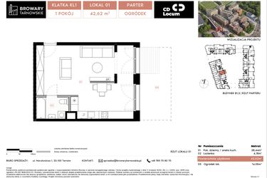 Rzut - Mieszkanie na sprzedaż 1 pokój o powierzchni 42,62 m² - numer B1.3.1 w Browary Tarnowskie etap 1