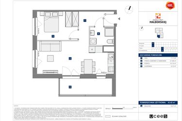 Rzut - Mieszkanie na sprzedaż 2 pokoje o powierzchni 43,42 m² - numer B.28 w Osiedle przy Malborskiej II